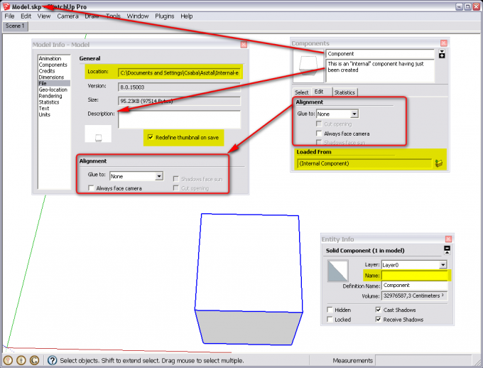 SketchUp Model info window vs. Edit component dialog